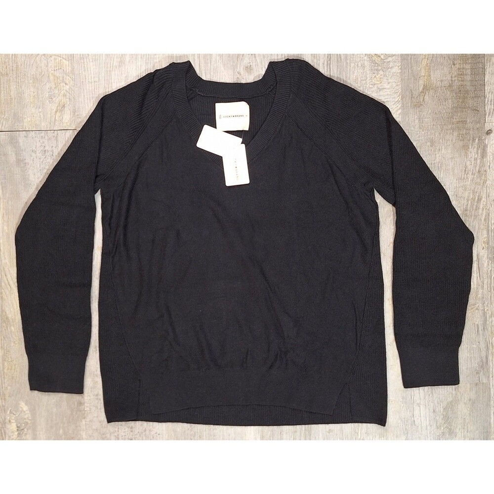 Lucky Brand Black V-Neck Knit Sweater Womens XS Tight Knit Pullover Side Slit